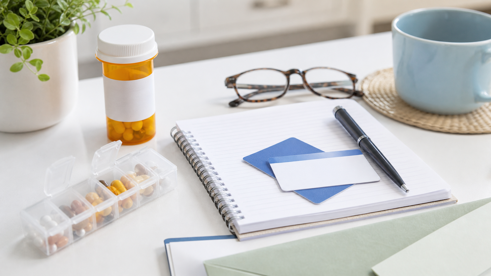 Prescription bottle, pill organizer, notebook, pen, and insurance cards arranged for medication cost planning